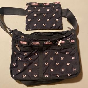 LeSportsac Deluxe everyday Crossbody Bag EMBROIDERED BOWS, MATCHING COSMETIC BAG
